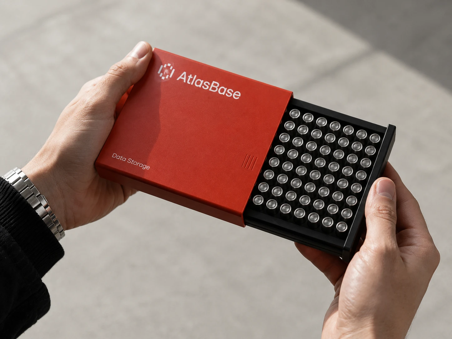 A hand holding an AtlasBase molecular data storage device